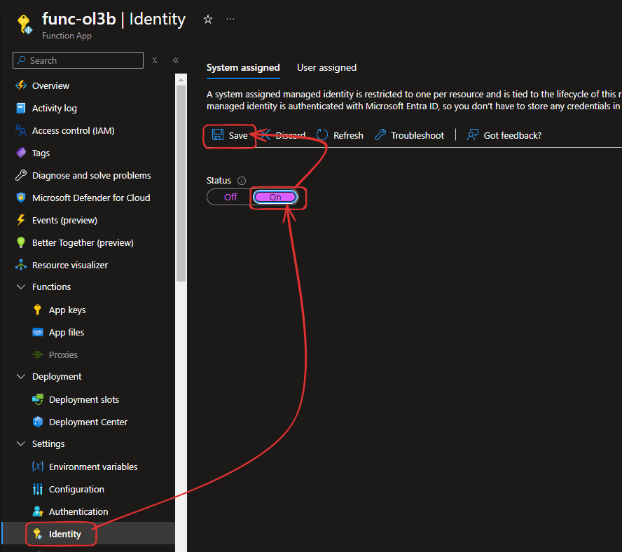 Como habilitar System Managed Identity en Azure Functions