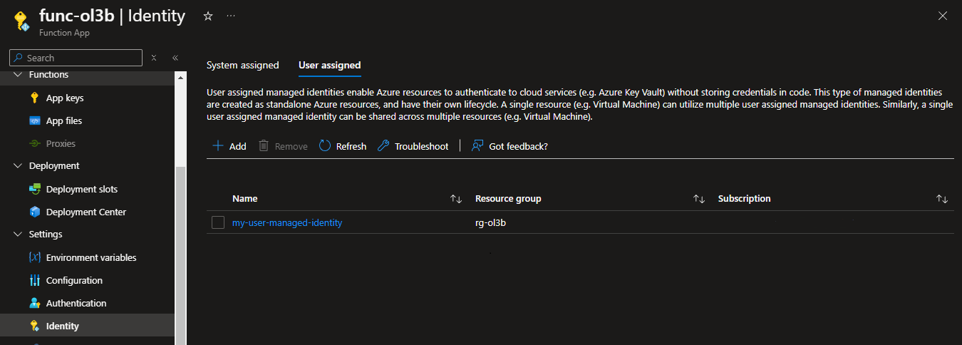 User Managed Identity asignada a una Azure Functions