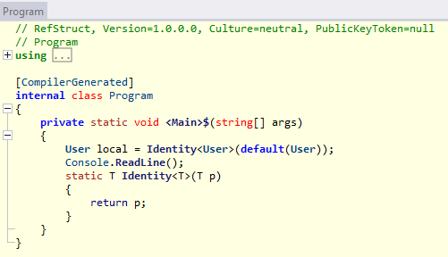 Resultado binario decompilado, ref struct como tipo de dato en metodos genericos