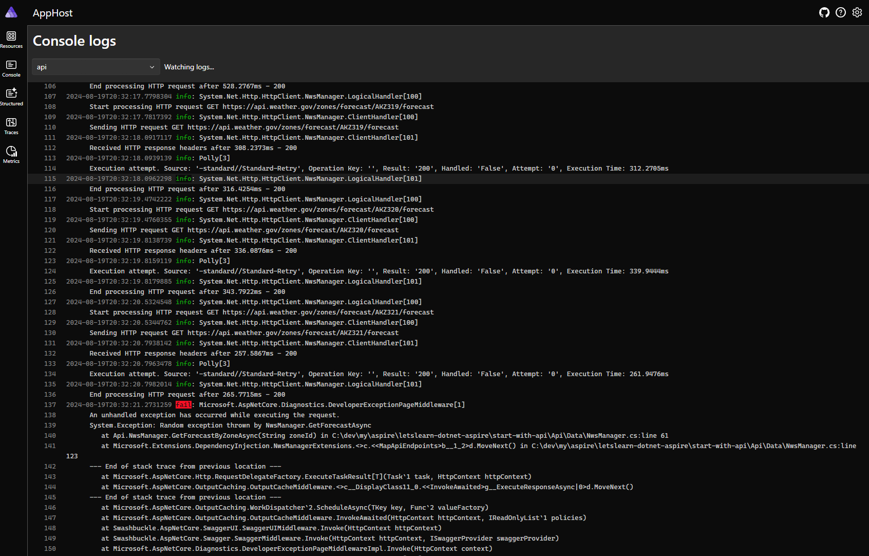 .NET Aspire Dasboard - console logs