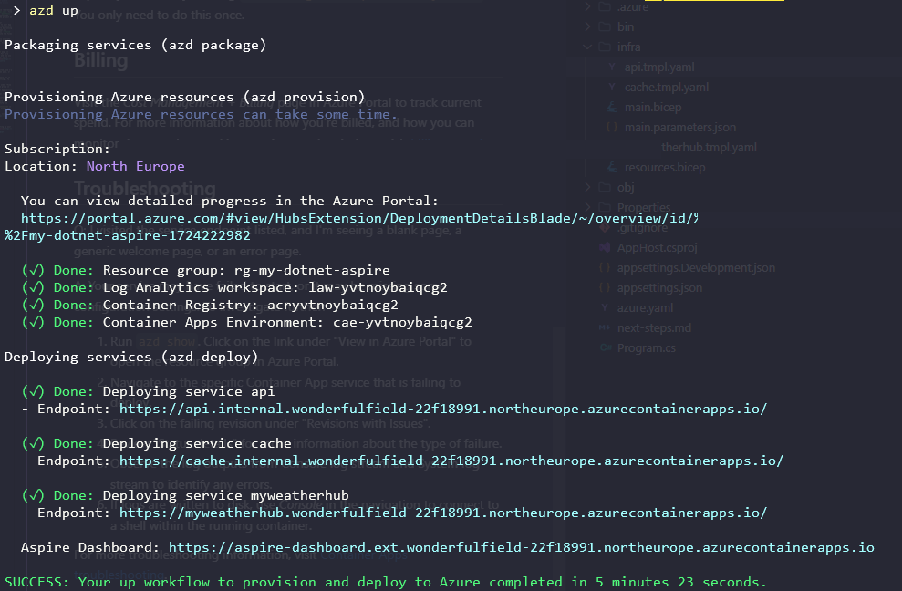 .NET Aspire deploy ACA - resultado comando azd up
